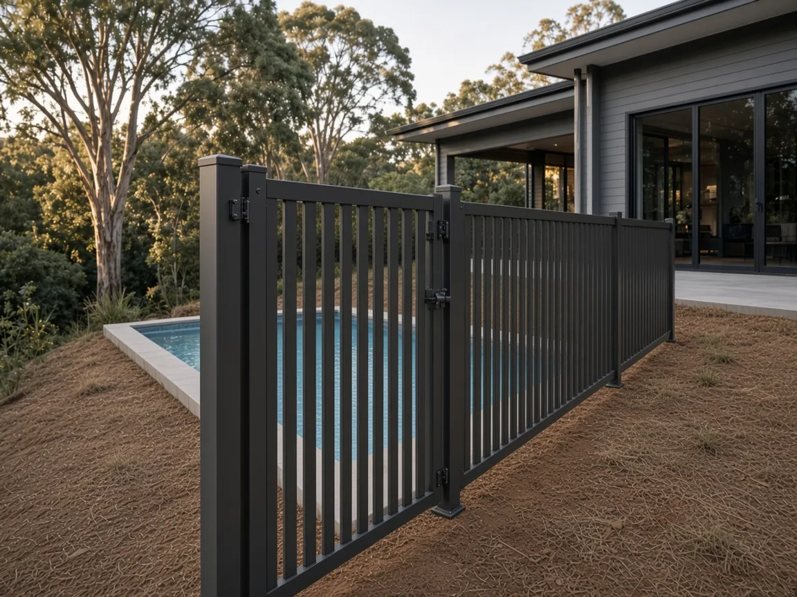 Aluminium pool fencing on an Australian backyard slope, style example