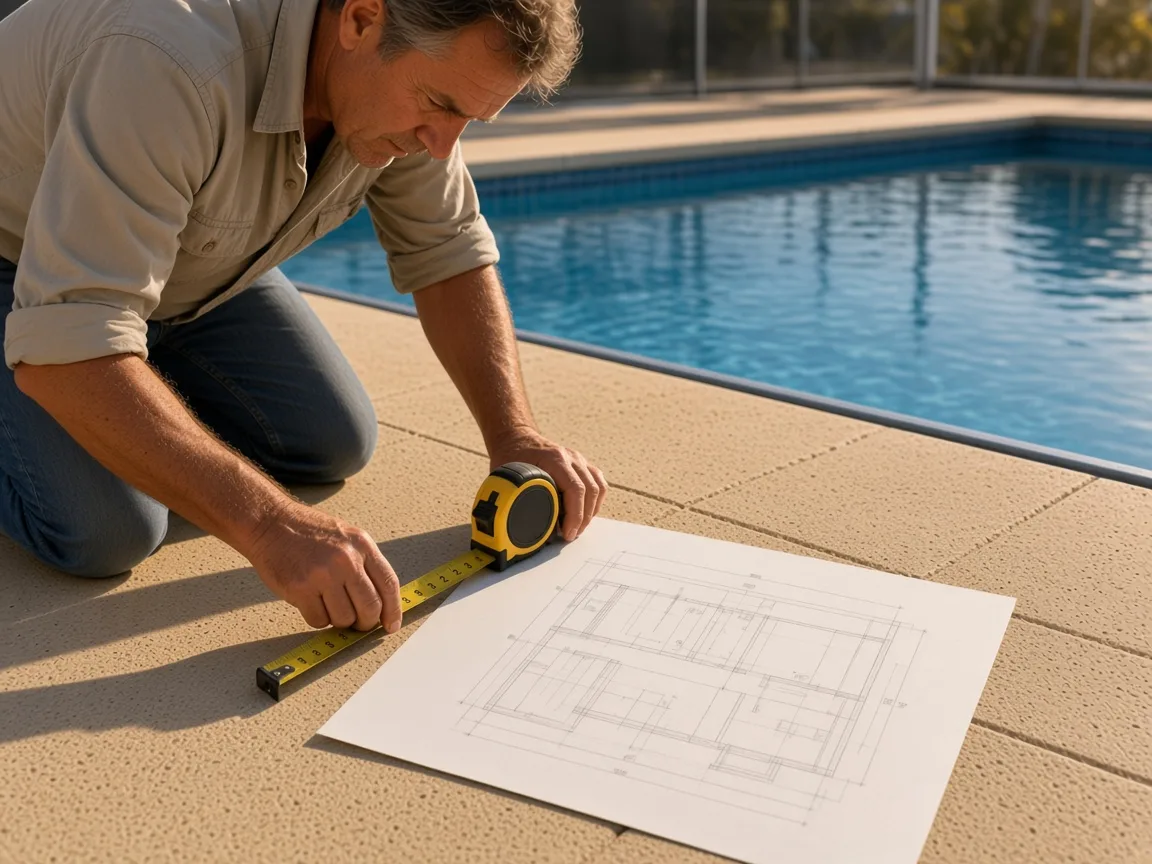 Adult installer measuring pool coping before a Toowoomba pool fence quote, style example